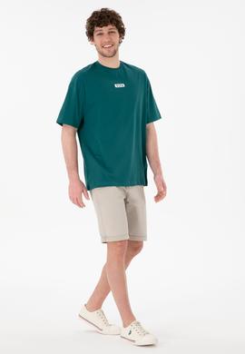 Erkek Oversize Fit Bisiklet Yaka Koyu Yeşil Tişört - 50305923047