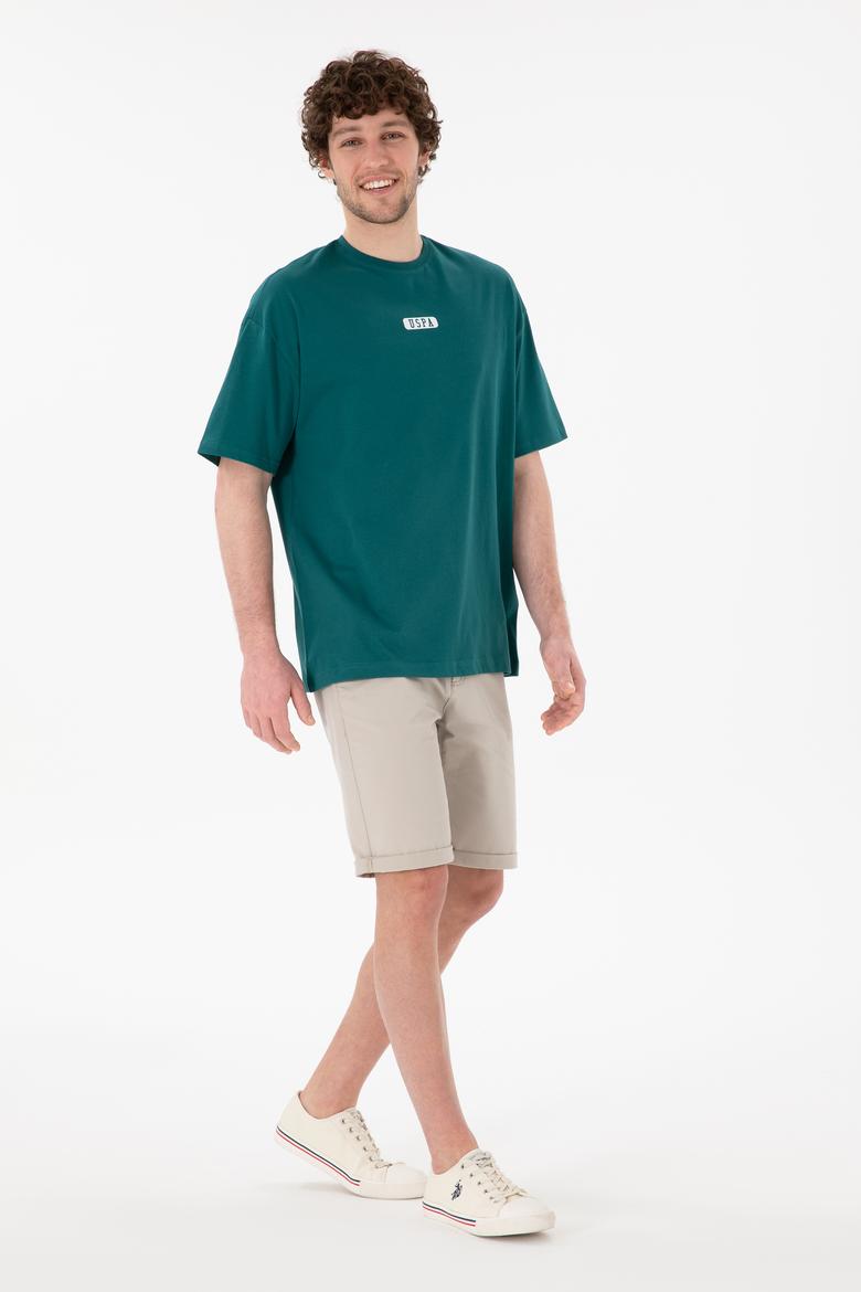 Erkek Oversize Fit Bisiklet Yaka Koyu Yeşil Tişört - 50305923047