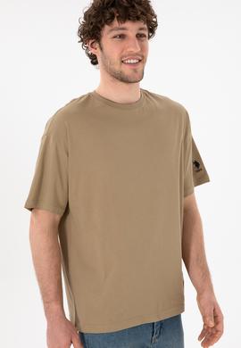 Erkek Oversize Fit Bisiklet Yaka Haki Tişört - 50305859117