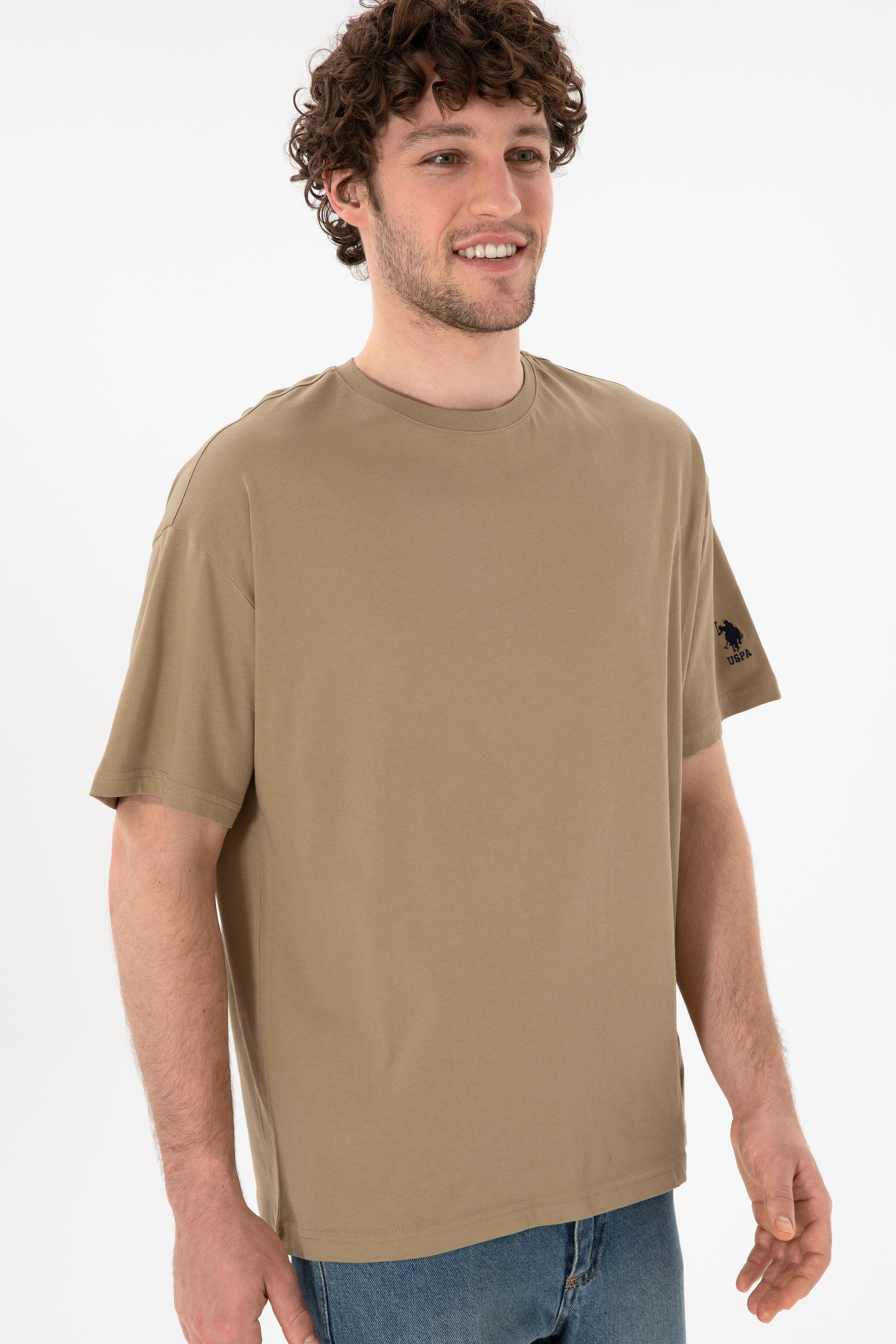 Erkek Oversize Fit Bisiklet Yaka Haki Tişört - Image 4