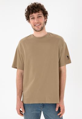 Erkek Oversize Fit Bisiklet Yaka Haki Tişört - 50305859117