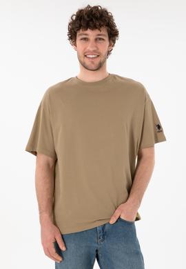 Erkek Oversize Fit Bisiklet Yaka Haki Tişört - 50305859117