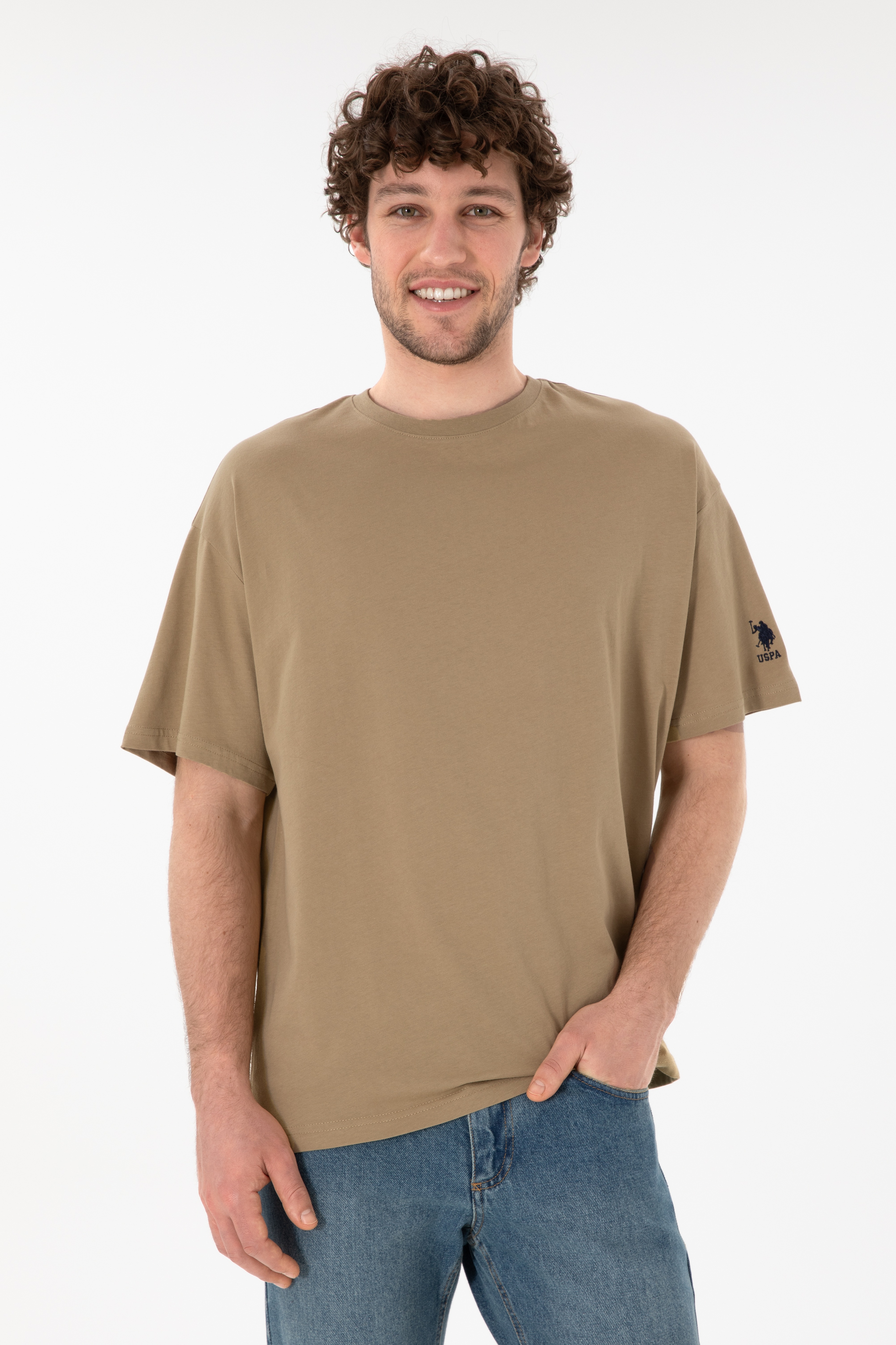 Erkek Oversize Fit Bisiklet Yaka Haki Tişört - Image 1