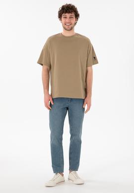 Erkek Oversize Fit Bisiklet Yaka Haki Tişört - 50305859117