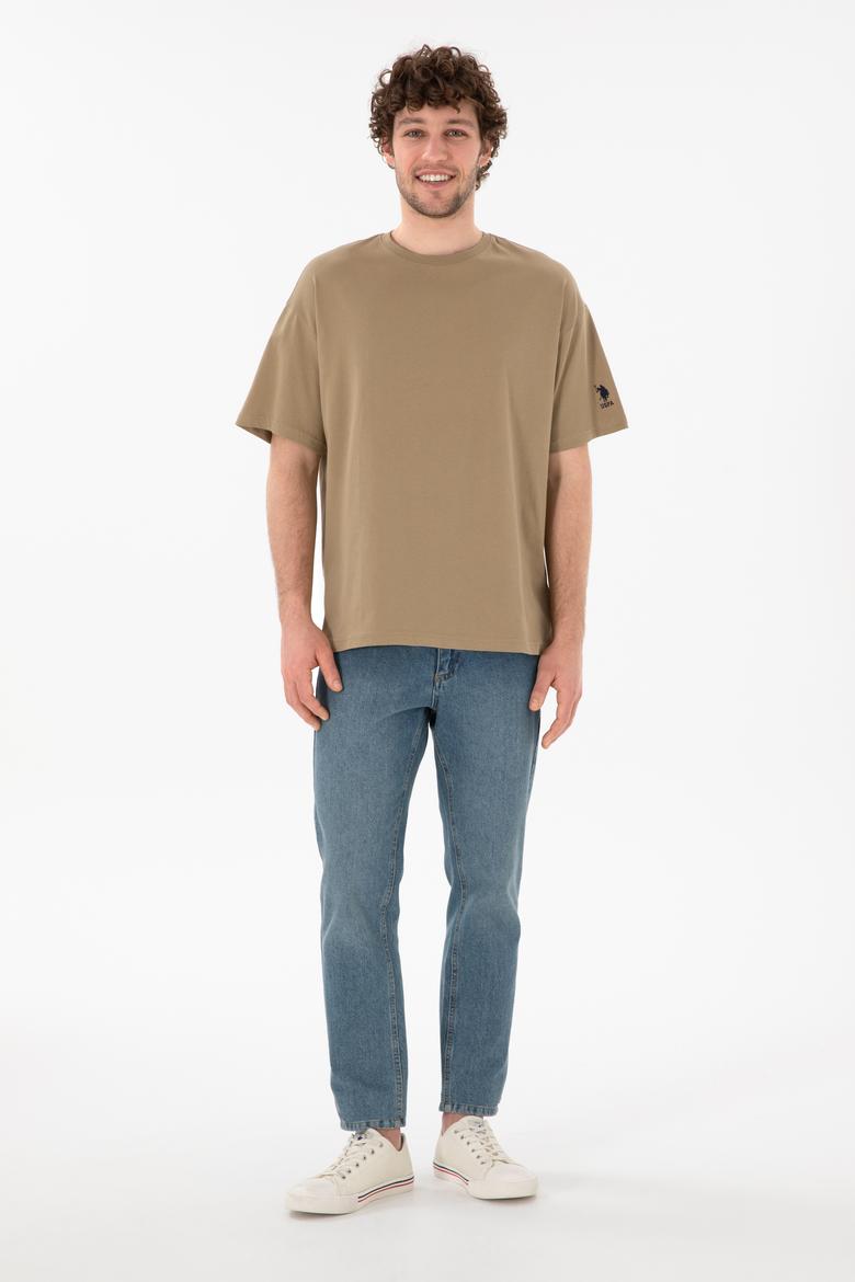 Erkek Oversize Fit Bisiklet Yaka Haki Tişört - 50305859117