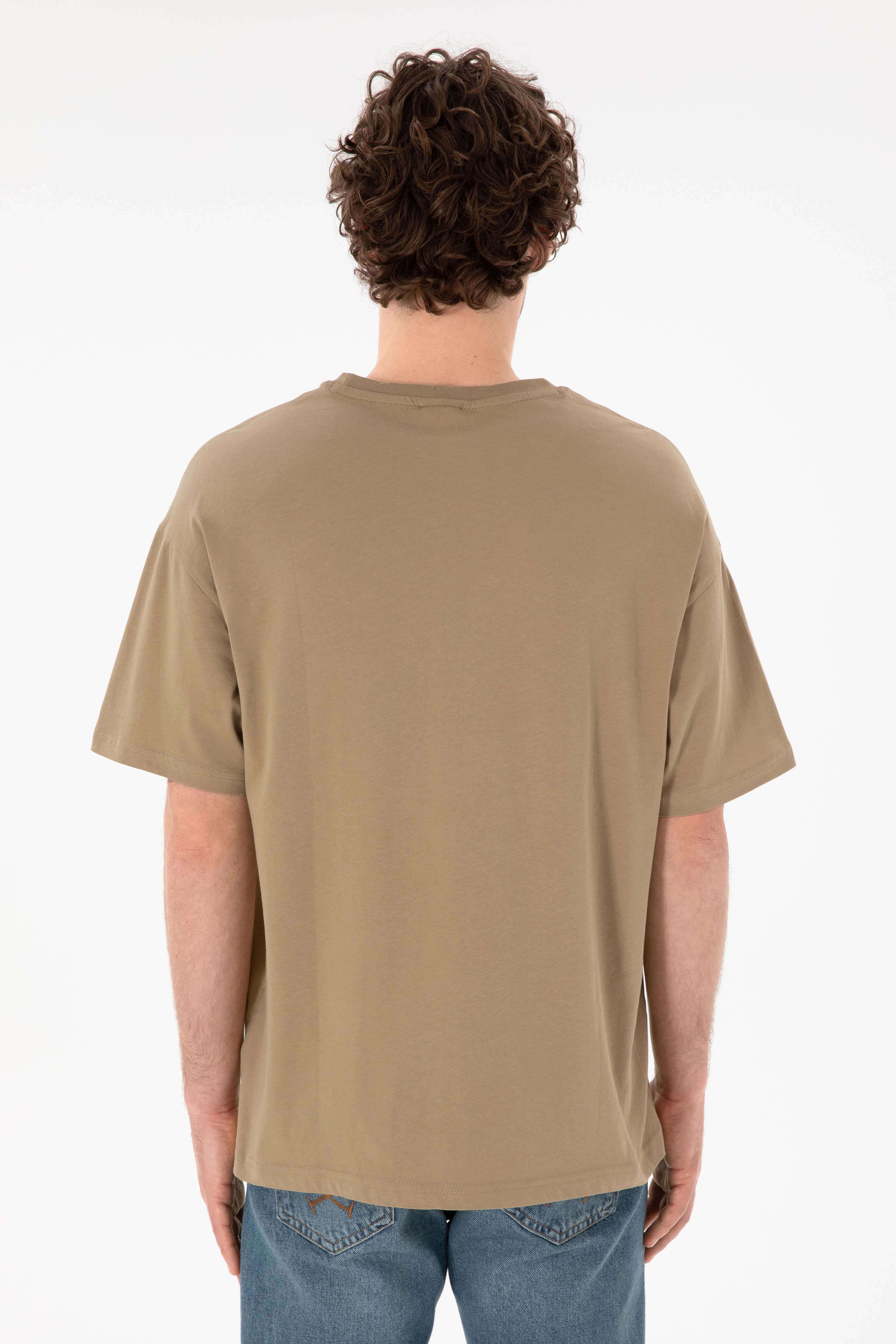 Erkek Oversize Fit Bisiklet Yaka Haki Tişört - Image 6