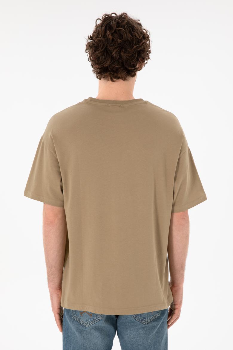 Erkek Oversize Fit Bisiklet Yaka Haki Tişört - 50305859117