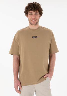 Erkek Oversize Fit Bisiklet Yaka Haki Tişört - 50305923057