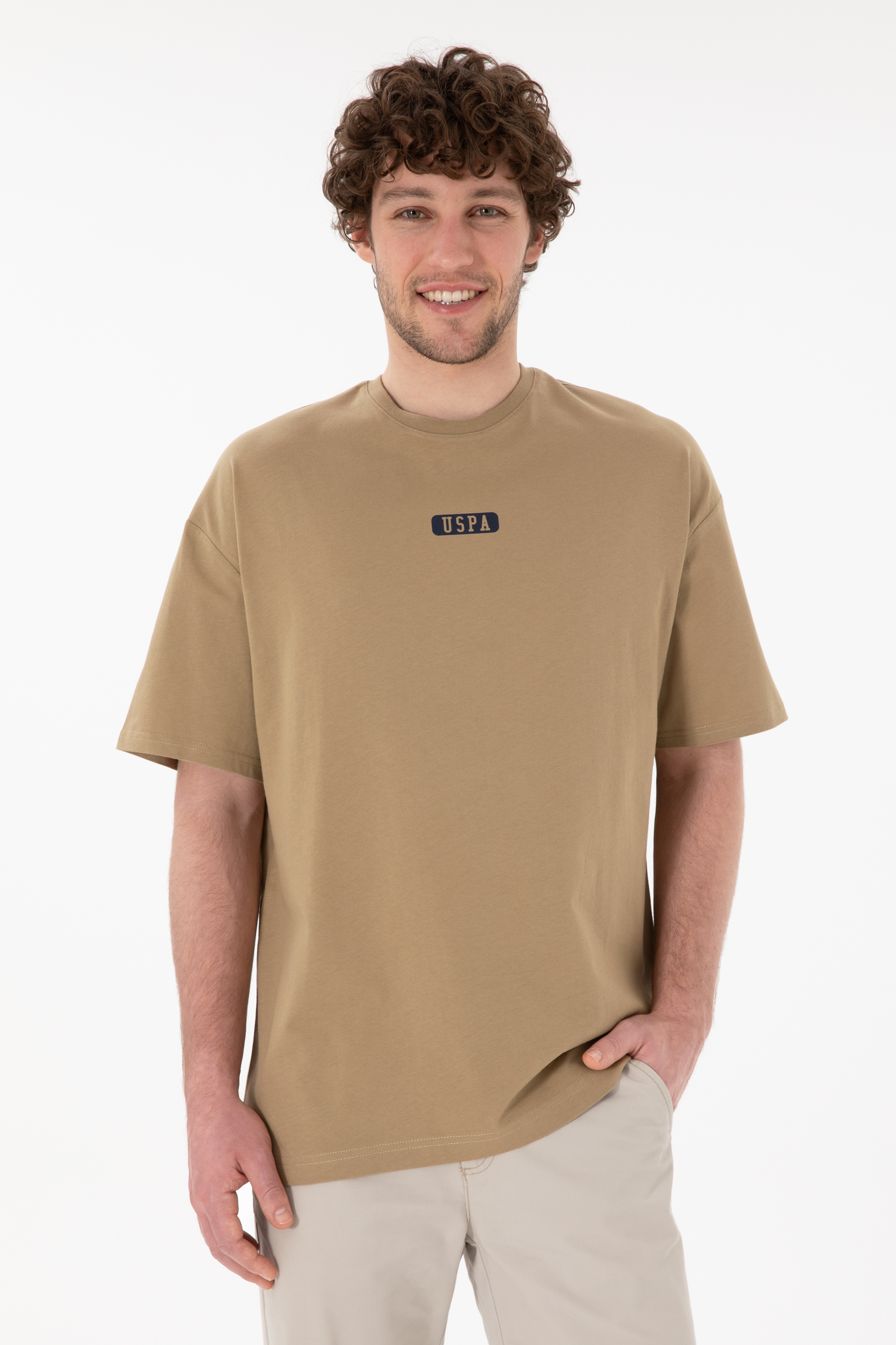 Erkek Oversize Fit Bisiklet Yaka Haki Tişört - Image 1