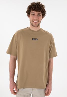 Erkek Oversize Fit Bisiklet Yaka Haki Tişört - 50305923057