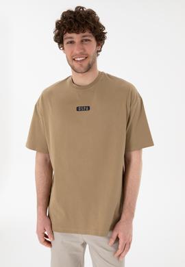 Erkek Oversize Fit Bisiklet Yaka Haki Tişört - 50305923057