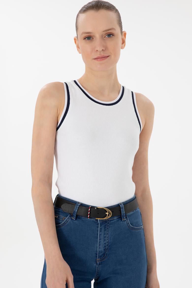 Kadın Beyaz Kolsuz Bisiklet Yaka Tişört - 50305857014