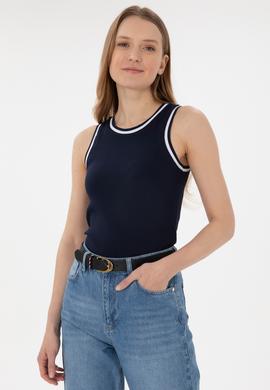 Kadın Lacivert Kolsuz Bisiklet Yaka Tişört - 50305857005