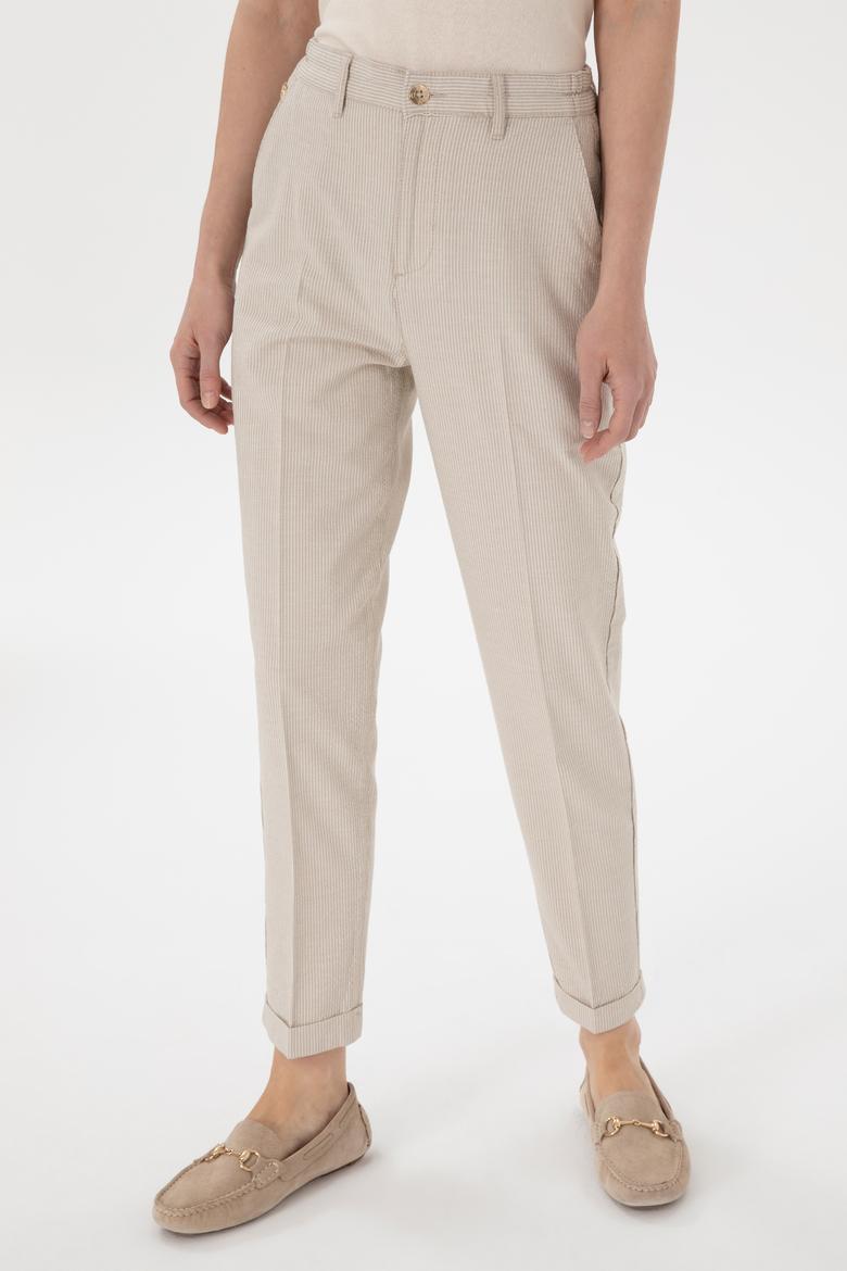 Kadın Açık Haki Çizgili Keten Karışımlı Carrot Fit Kanvas Pantolon - 50306424004