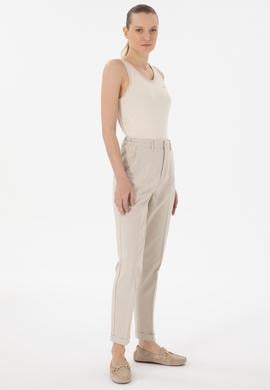 Kadın Açık Haki Çizgili Keten Karışımlı Carrot Fit Kanvas Pantolon - 50306424004