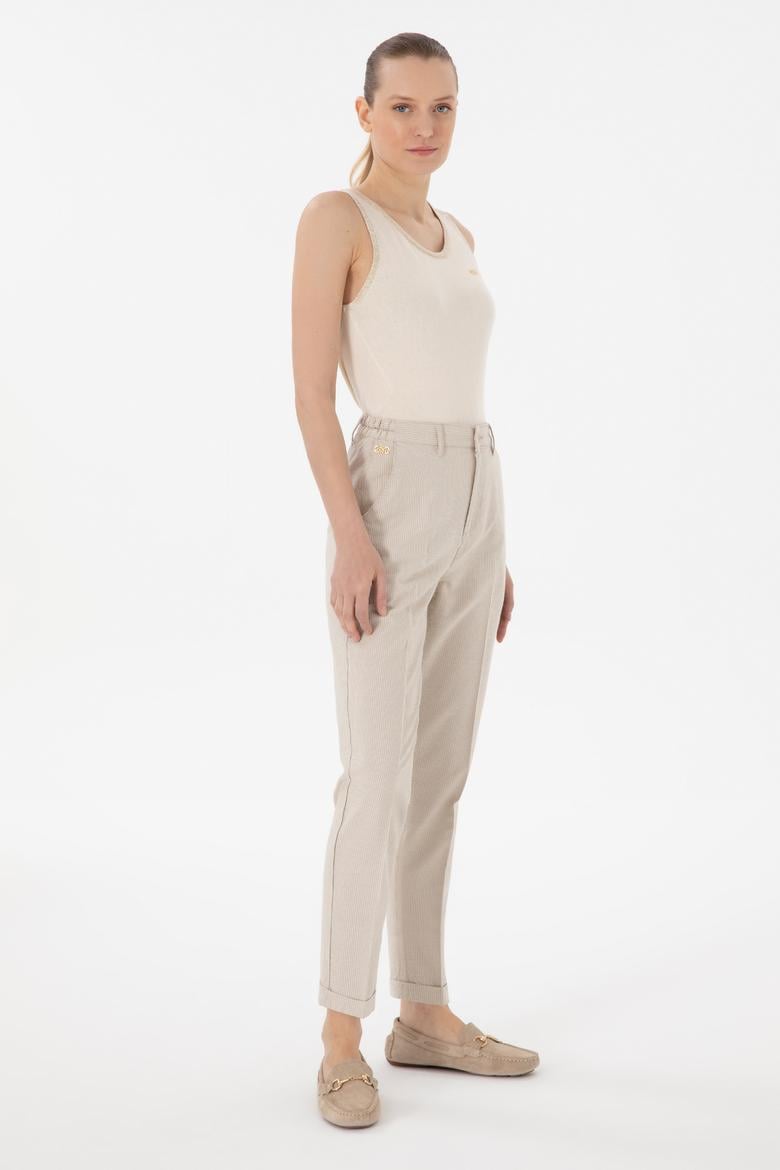 Kadın Açık Haki Çizgili Keten Karışımlı Carrot Fit Kanvas Pantolon - 50306424004