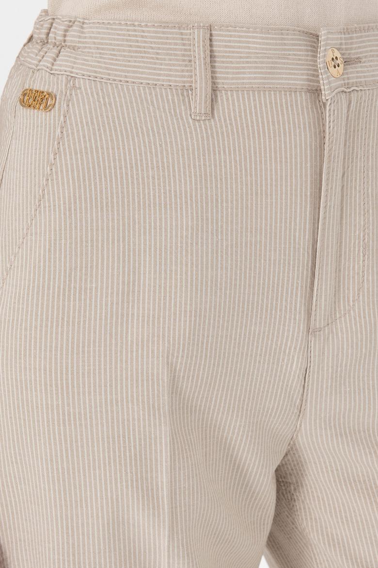 Kadın Açık Haki Çizgili Keten Karışımlı Carrot Fit Kanvas Pantolon - 50306424004