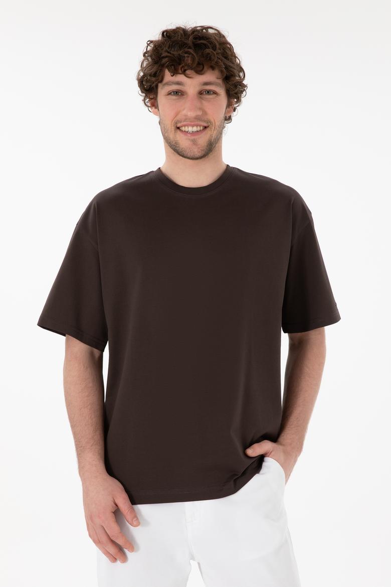 Erkek Comfort Fit Bisiklet Yaka Kahverengi Merserize Basic Tişört