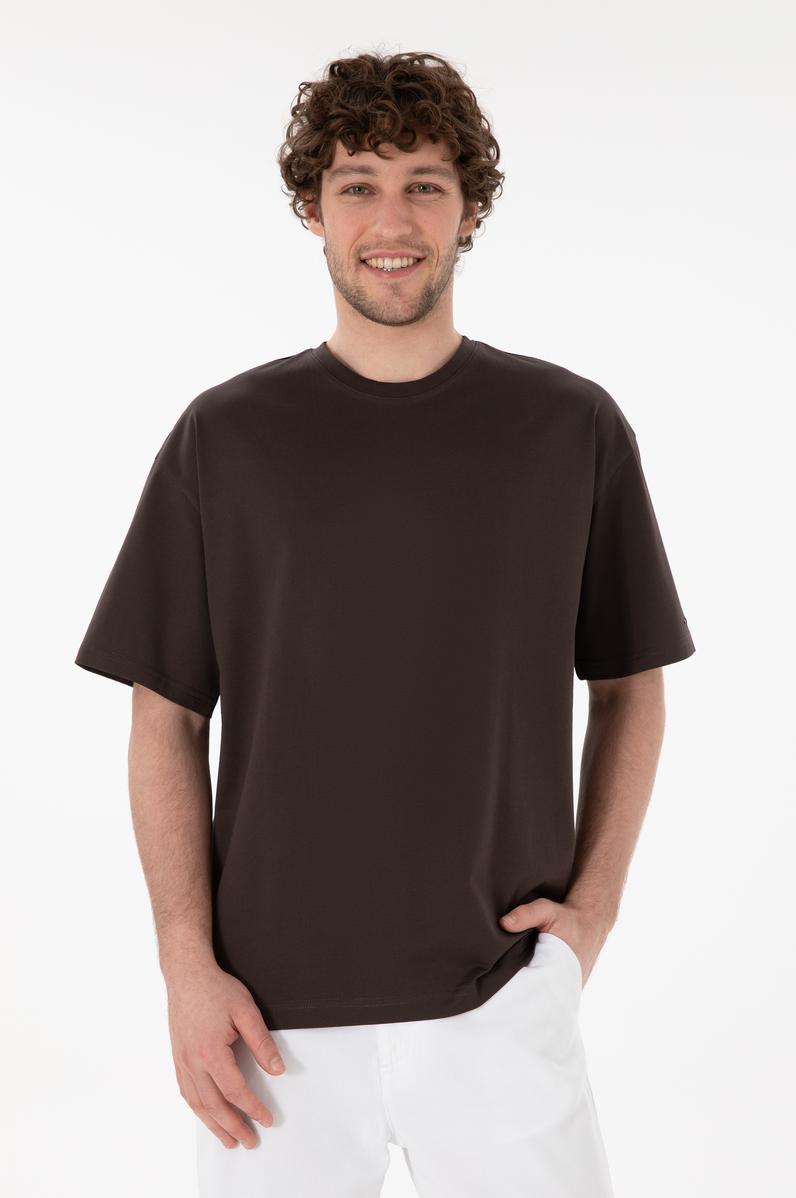 Erkek Comfort Fit Bisiklet Yaka Kahverengi Merserize Basic Tişört