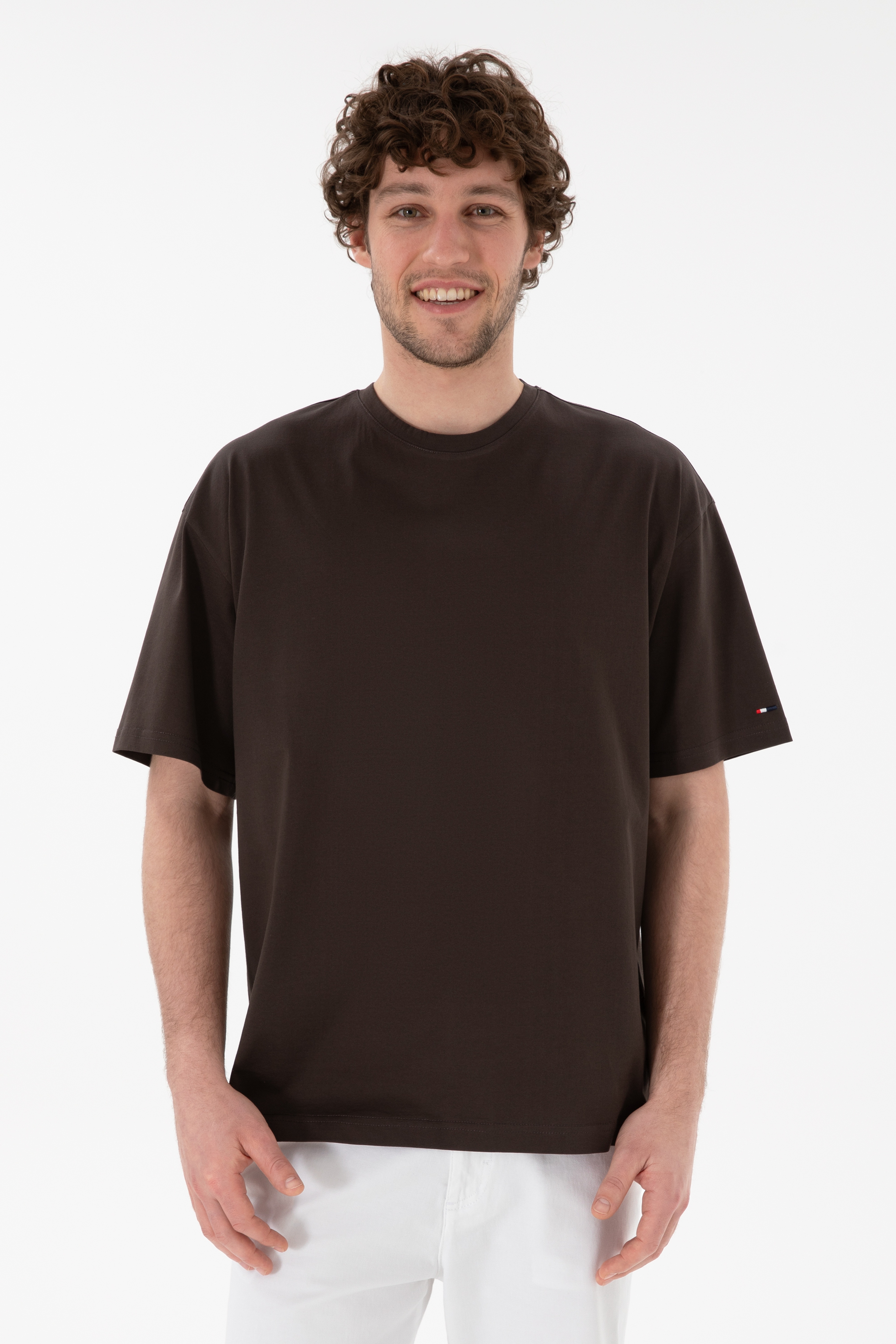 Erkek Comfort Fit Bisiklet Yaka Kahverengi Merserize Basic Tişört - Image 2