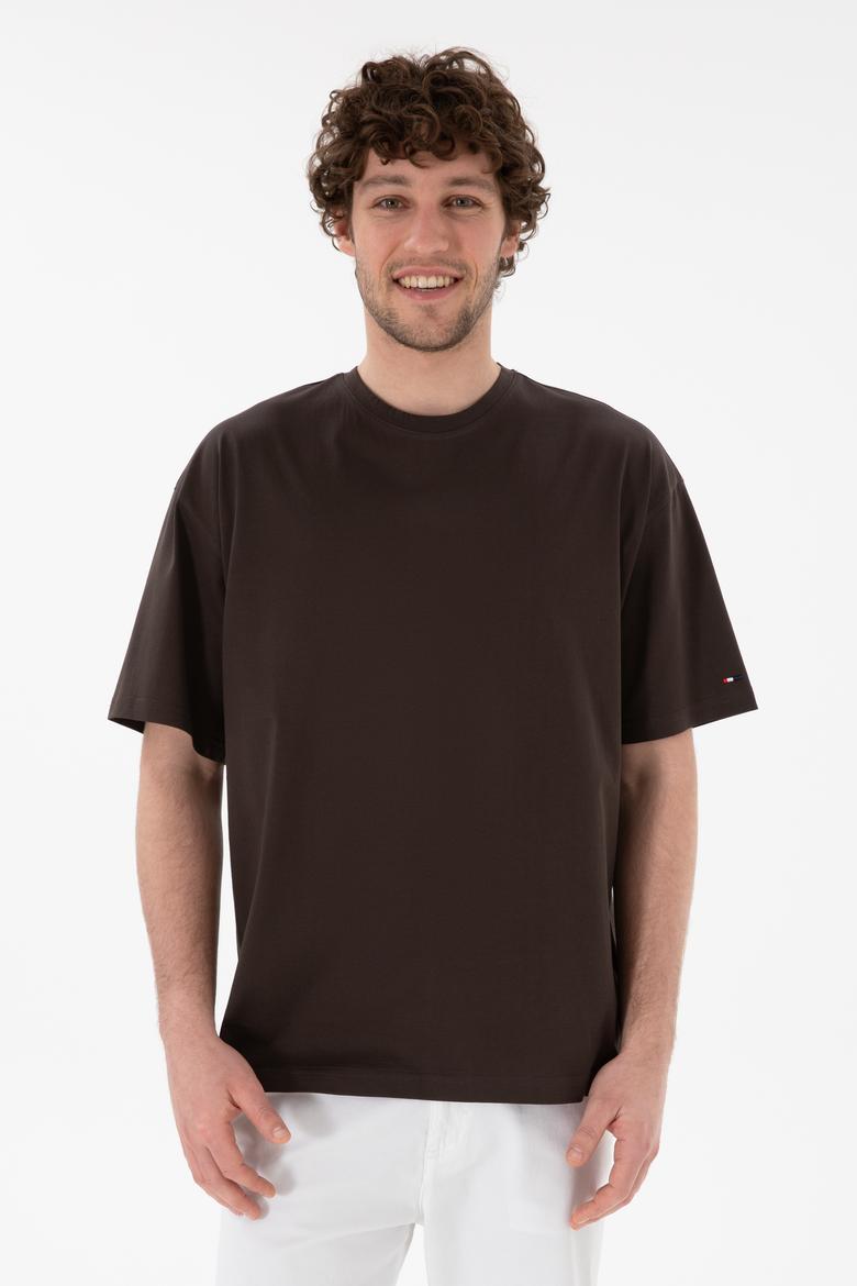 Erkek Comfort Fit Bisiklet Yaka Kahverengi Merserize Basic Tişört - 50313089049