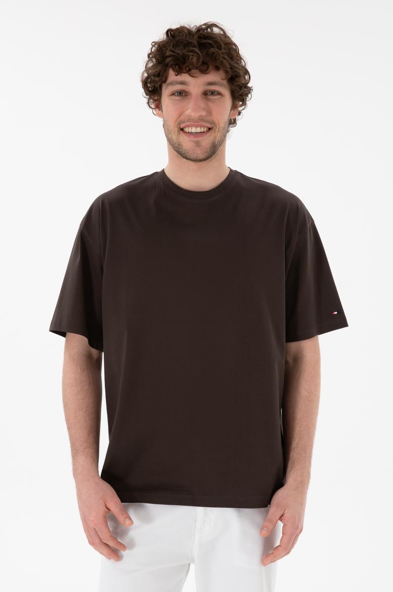 Erkek Comfort Fit Bisiklet Yaka Kahverengi Merserize Basic Tişört