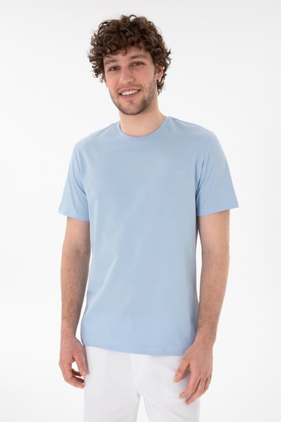 Erkek Regular Fit Bisiklet Yaka Açık Mavi Basic Tişört