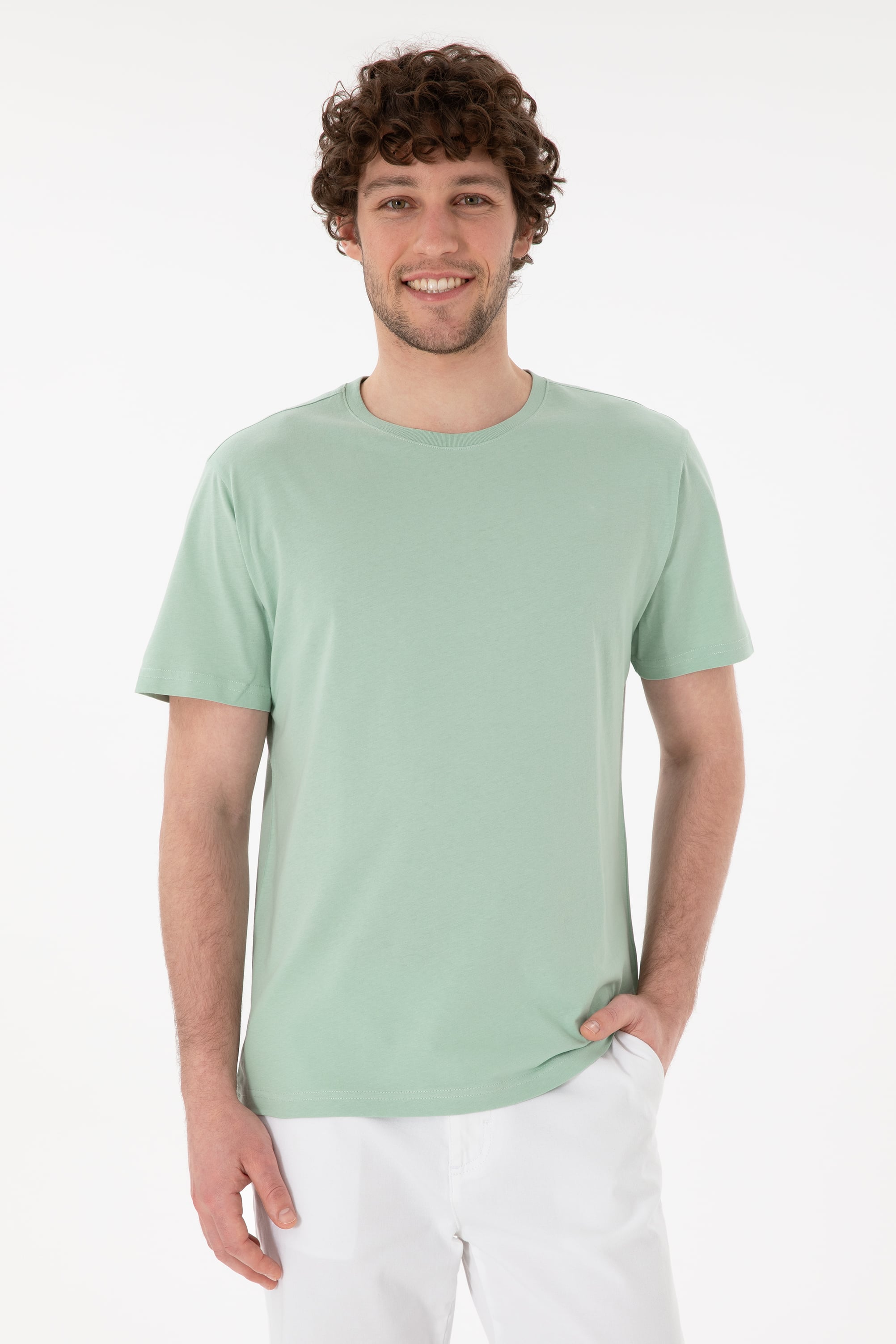 Erkek Regular Fit Bisiklet Yaka Su Yeşili Basic Tişört - Image 1
