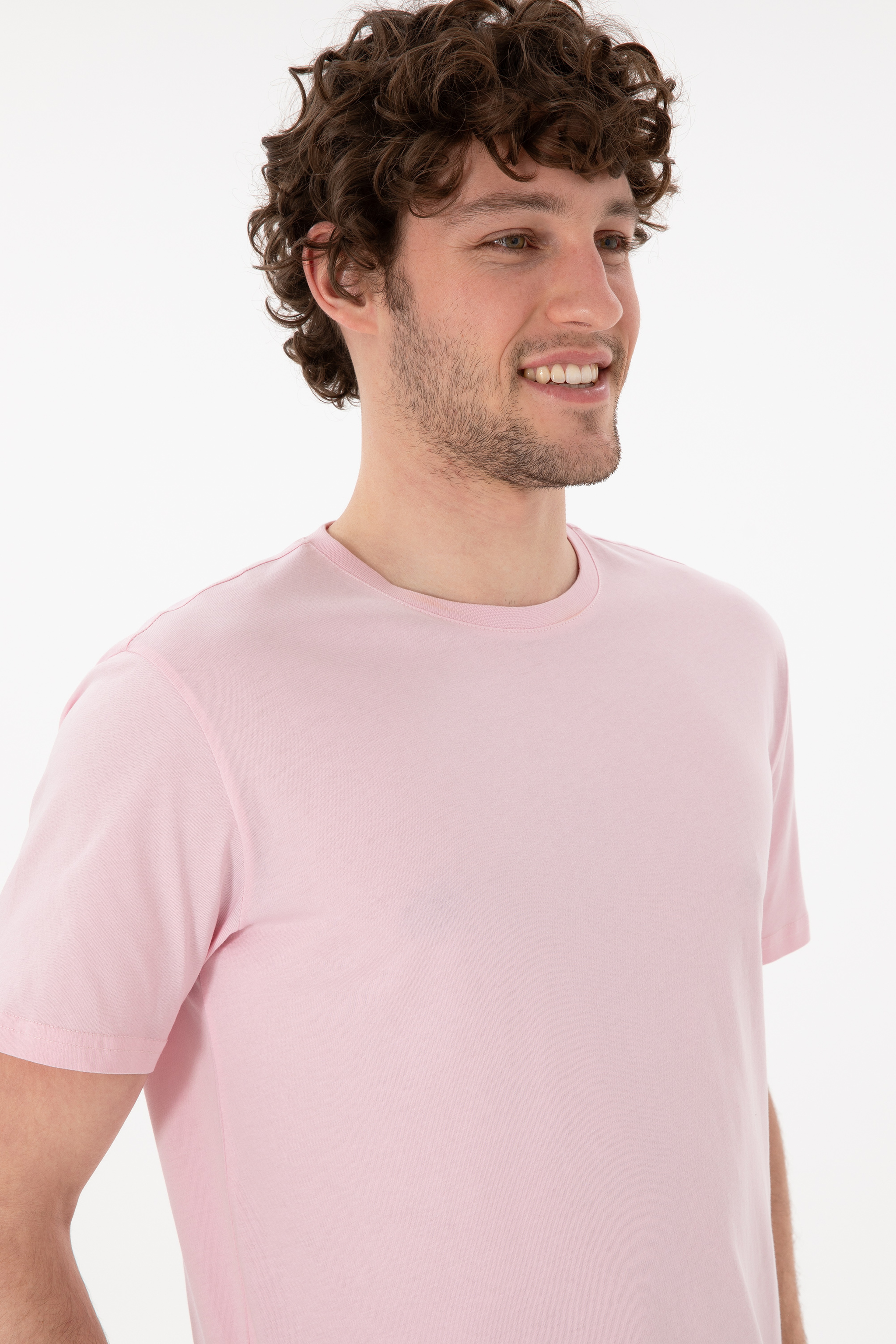 Erkek Regular Fit Bisiklet Yaka Açık Pembe Basic Tişört - Image 3
