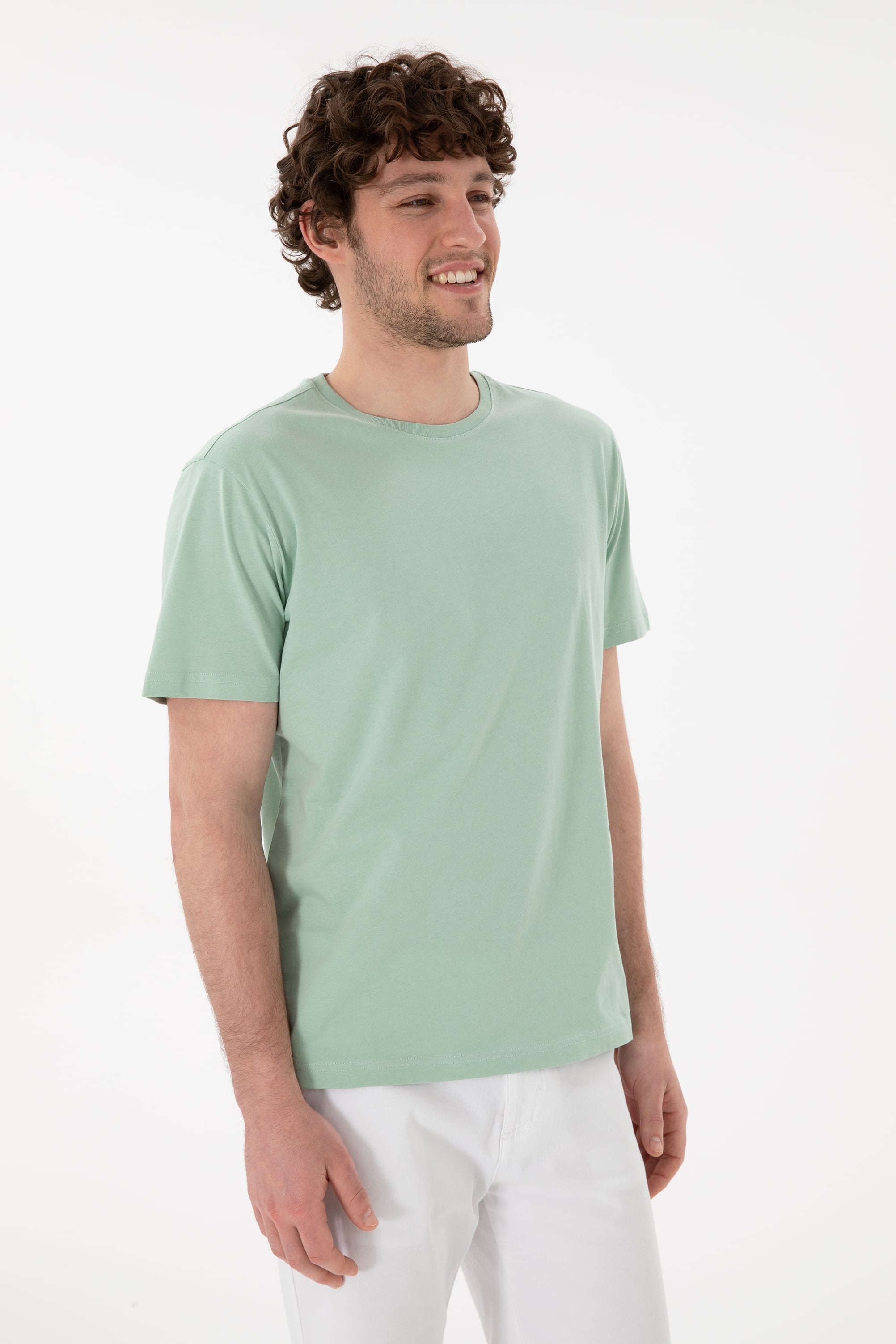 Erkek Regular Fit Bisiklet Yaka Su Yeşili Basic Tişört - Image 4