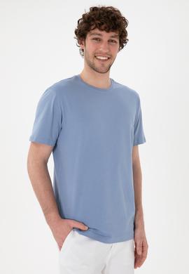 Erkek Regular Fit Bisiklet Yaka Mavi Basic Tişört - 50305985189