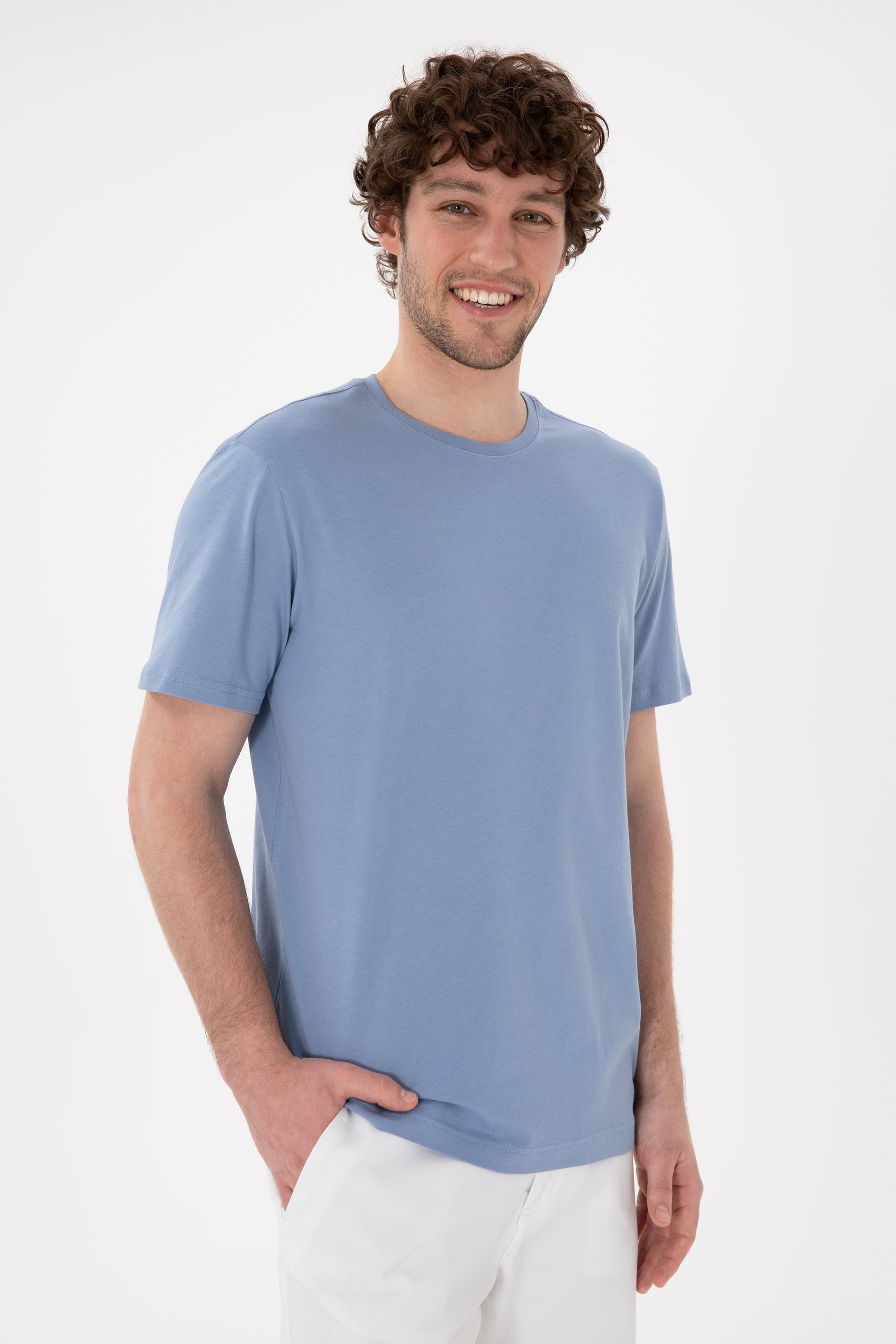 Erkek Regular Fit Bisiklet Yaka Mavi Basic Tişört - Image 4