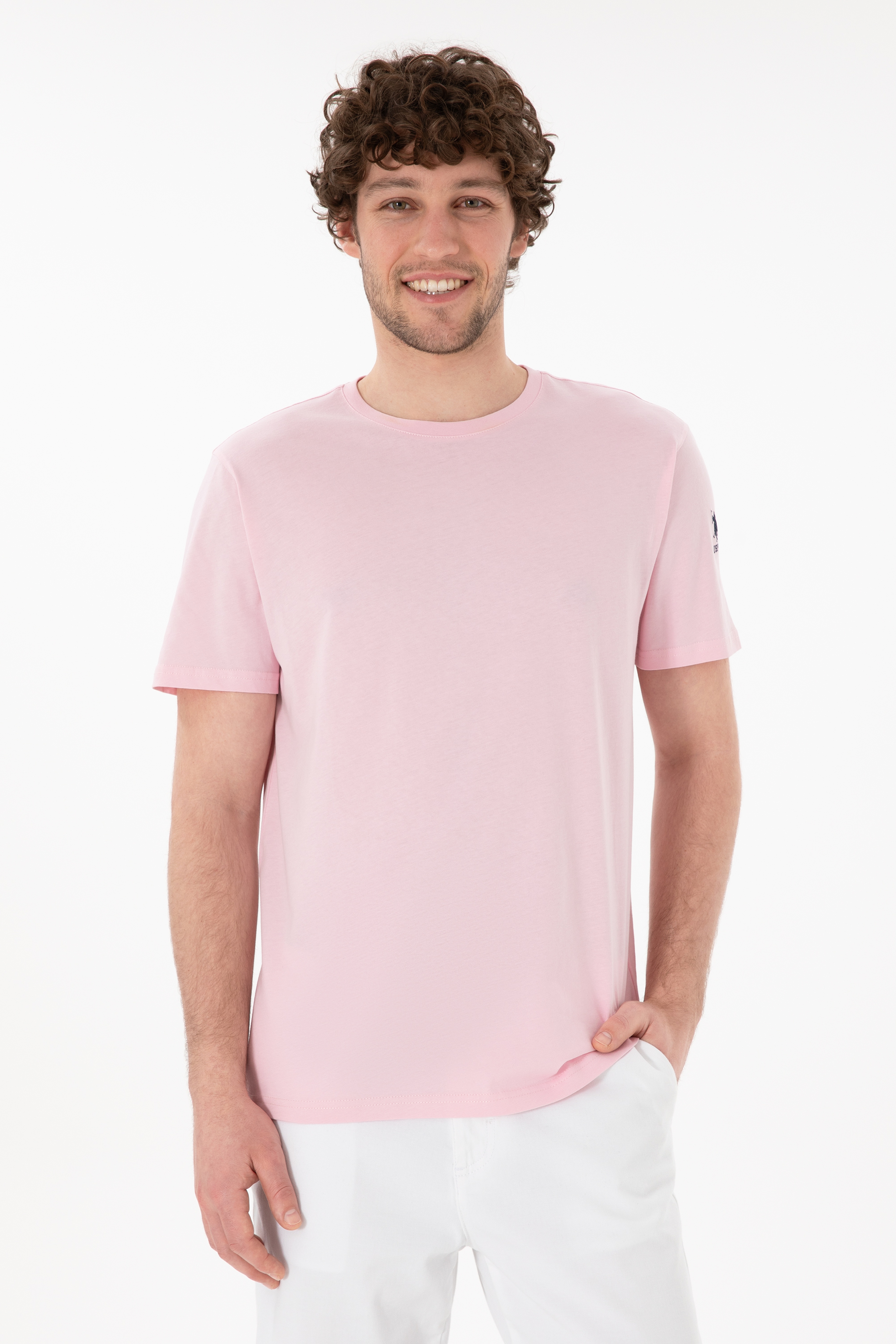 Erkek Regular Fit Bisiklet Yaka Açık Pembe Basic Tişört - Image 1