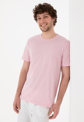 Erkek Regular Fit Bisiklet Yaka Açık Pembe Basic Tişört - 50305985156