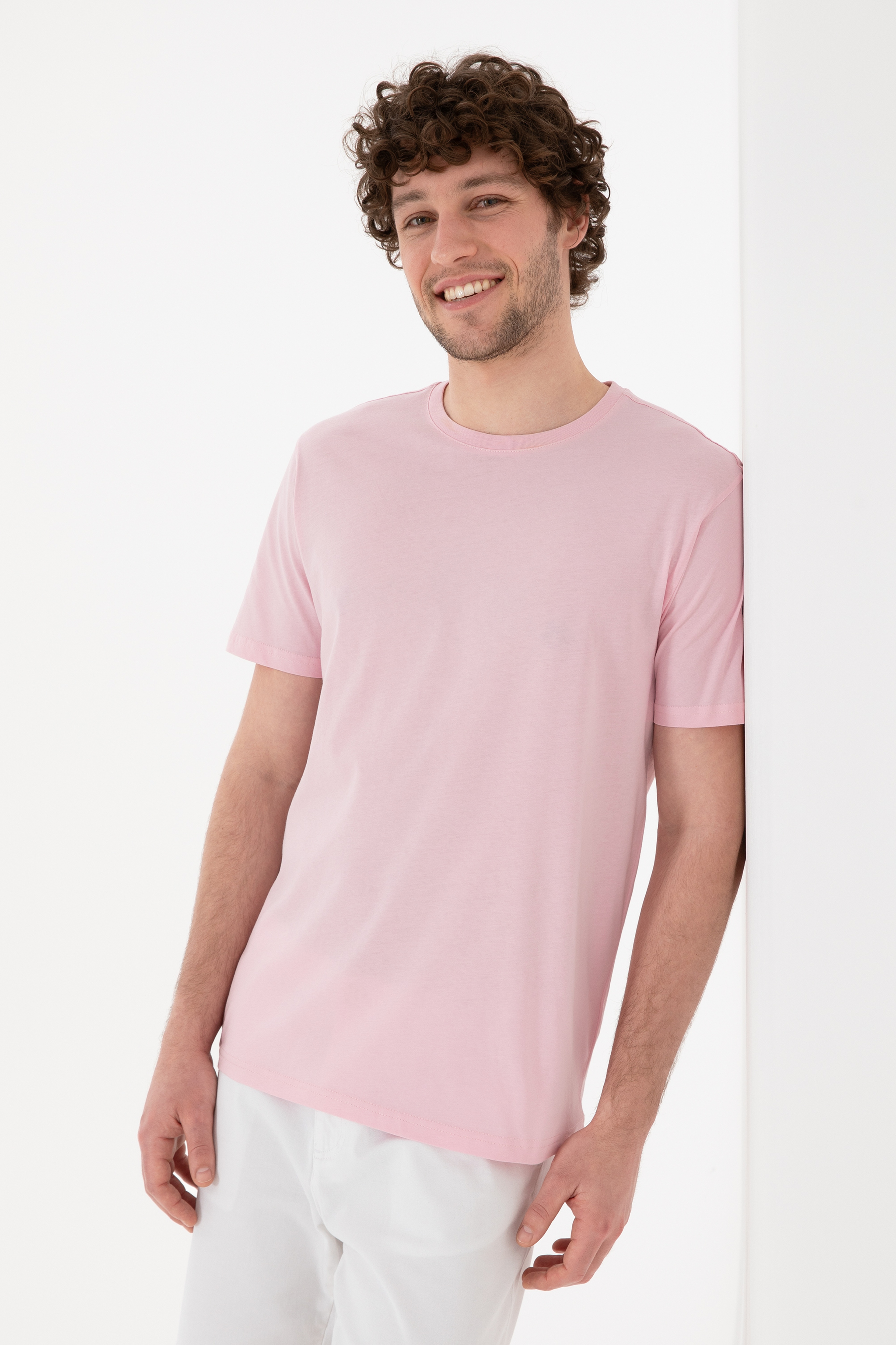 Erkek Regular Fit Bisiklet Yaka Açık Pembe Basic Tişört
