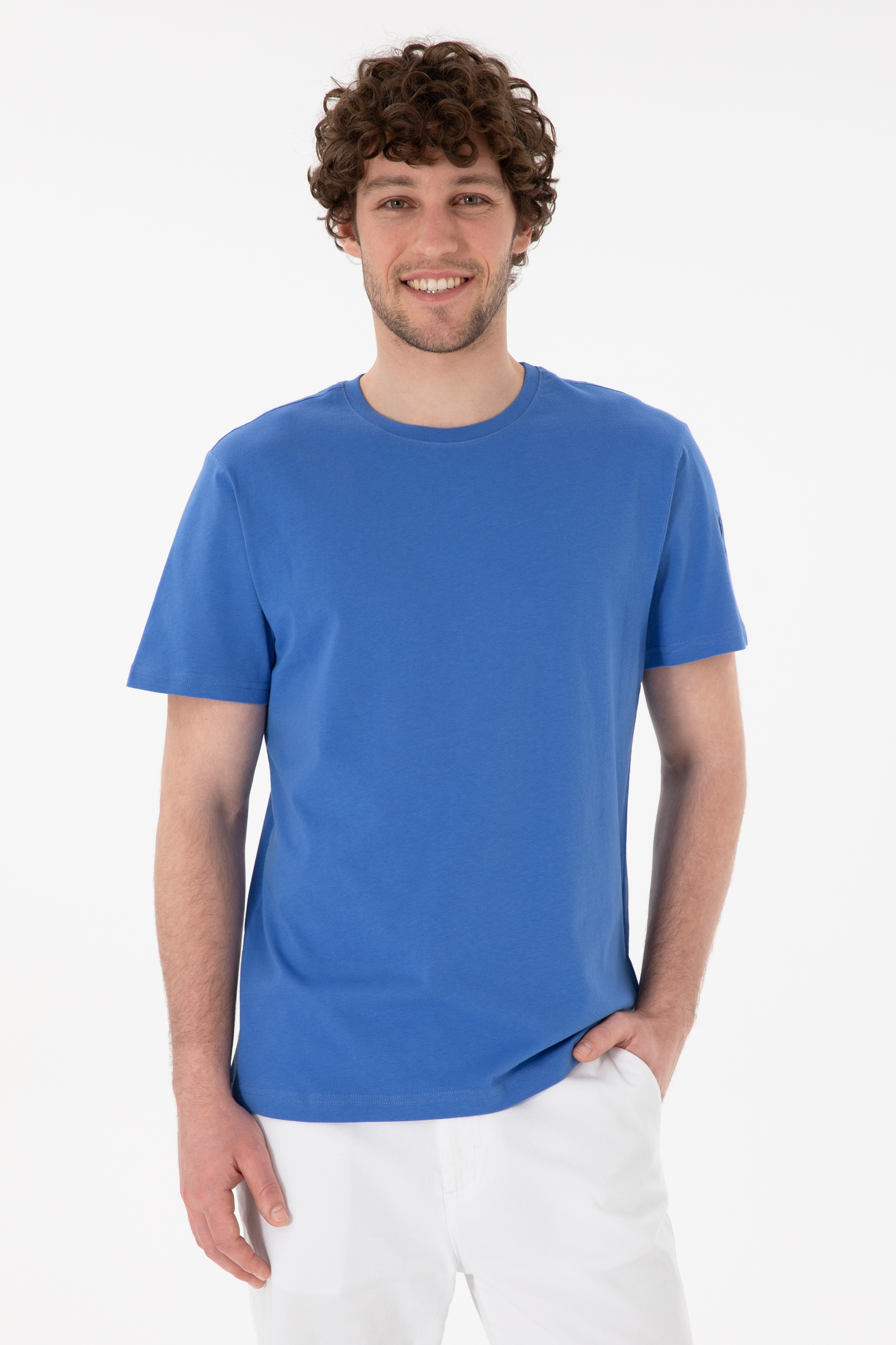Erkek Regular Fit Bisiklet Yaka İndigo Basic Tişört - Image 1