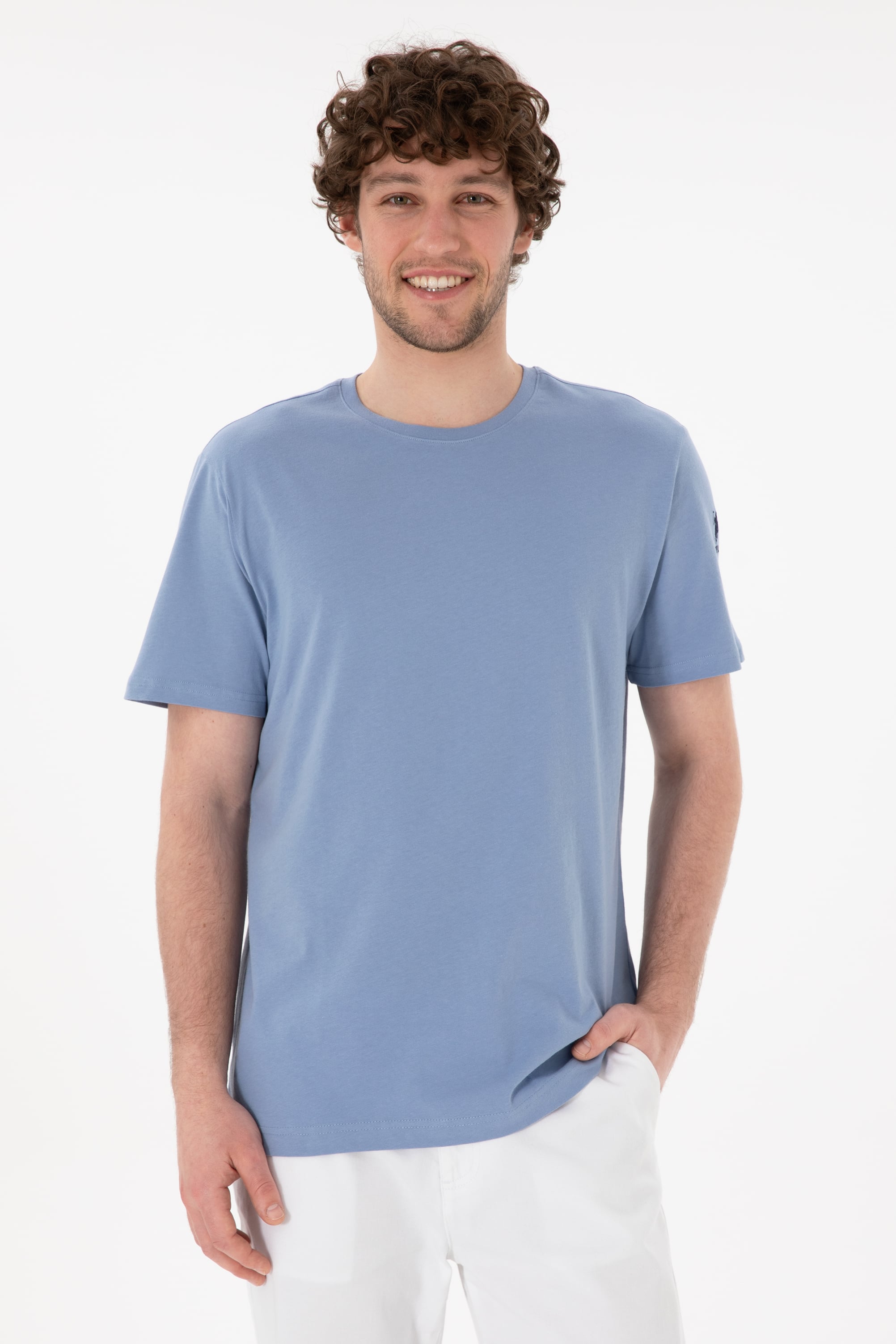 Erkek Regular Fit Bisiklet Yaka Mavi Basic Tişört - Image 1