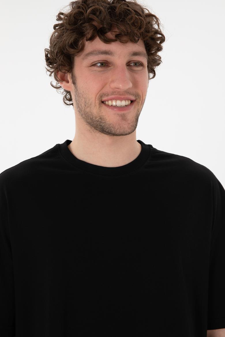 Erkek Long Fit Bisiklet Yaka Siyah Basic Tişört - 50305988018