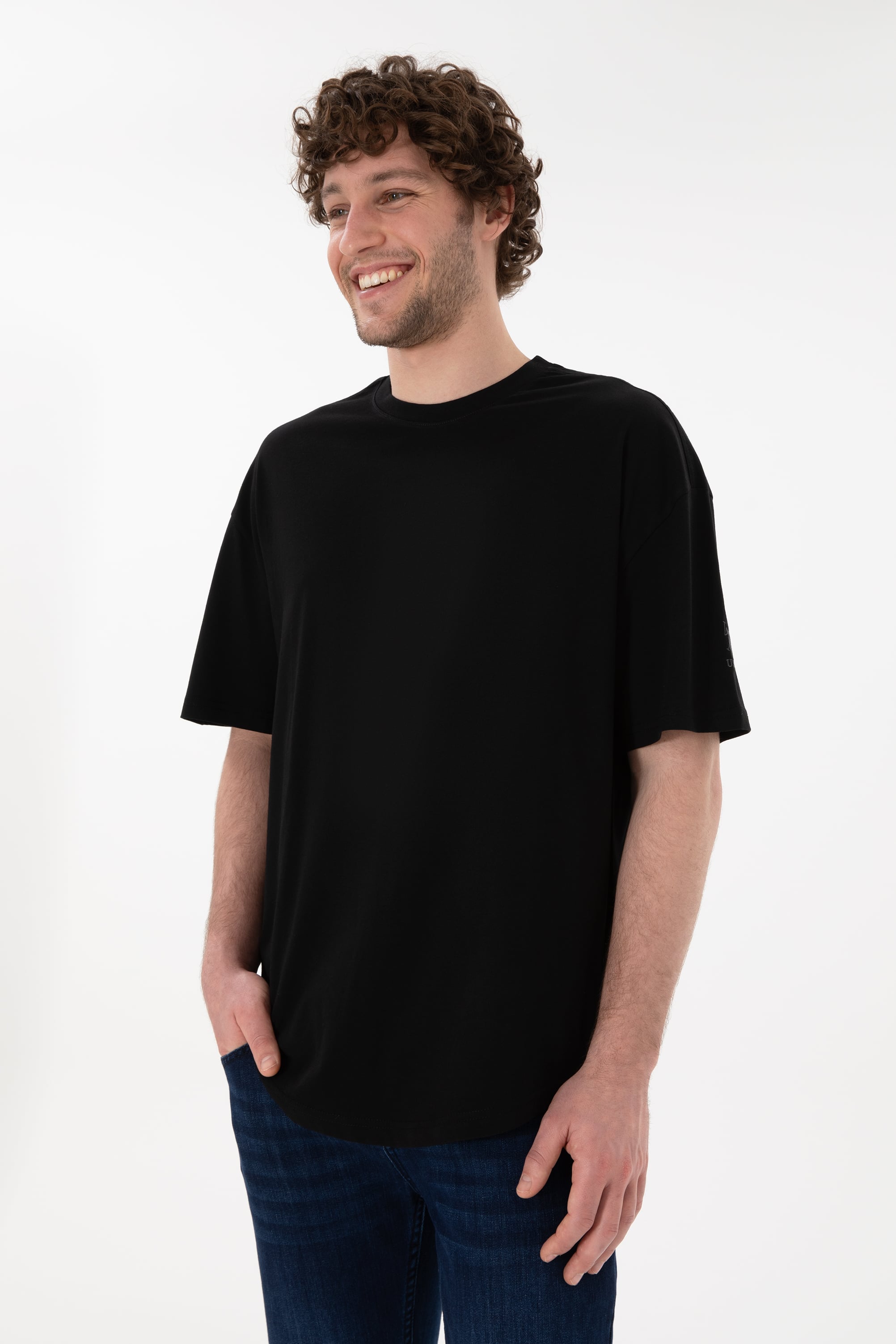 Erkek Long Fit Bisiklet Yaka Siyah Basic Tişört - Image 4
