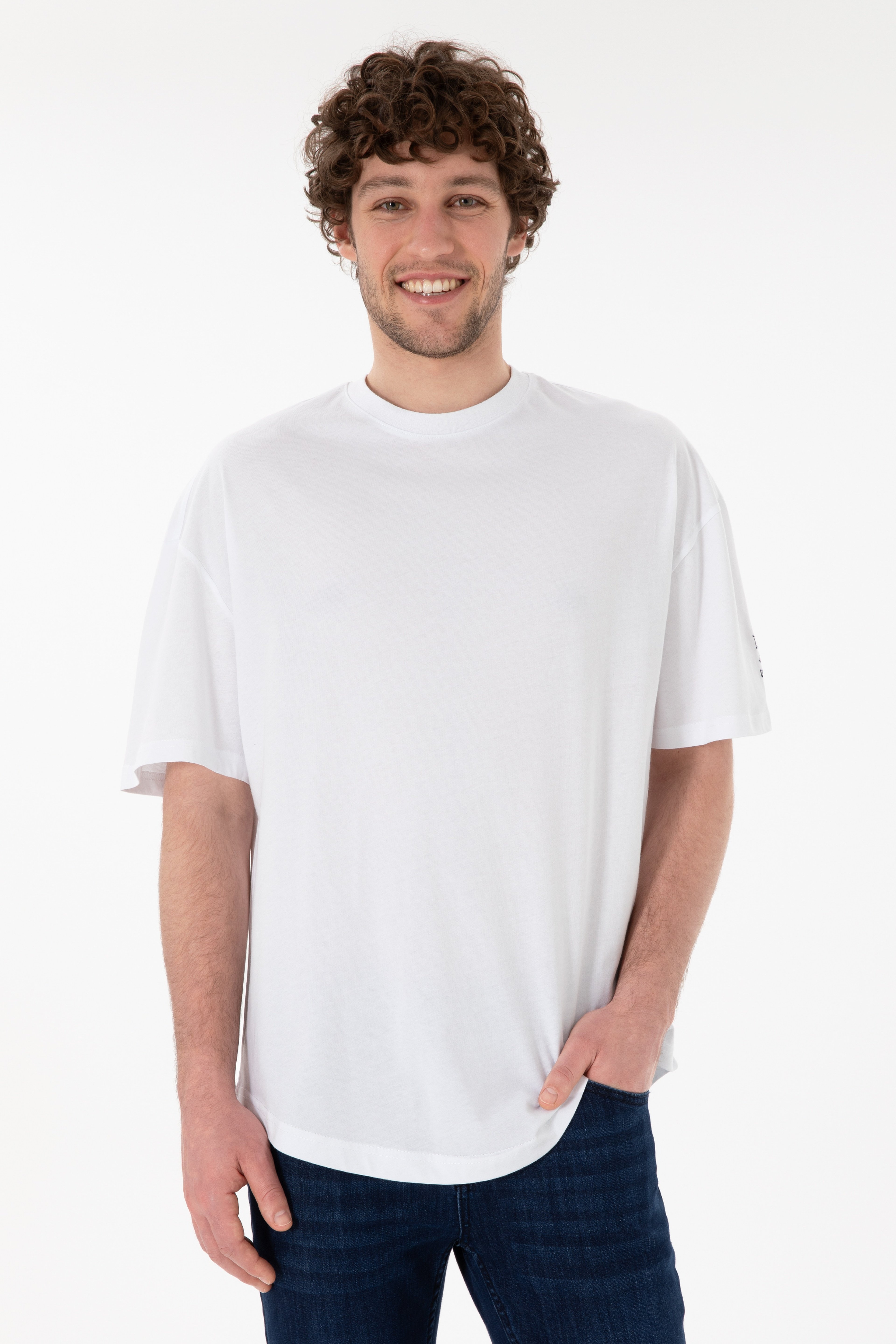 Erkek Long Fit Bisiklet Yaka Beyaz Basic Tişört - Image 1