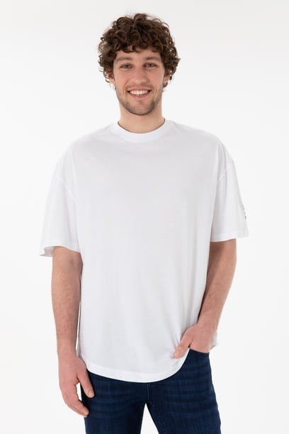 Erkek Long Fit Bisiklet Yaka Beyaz Basic Tişört