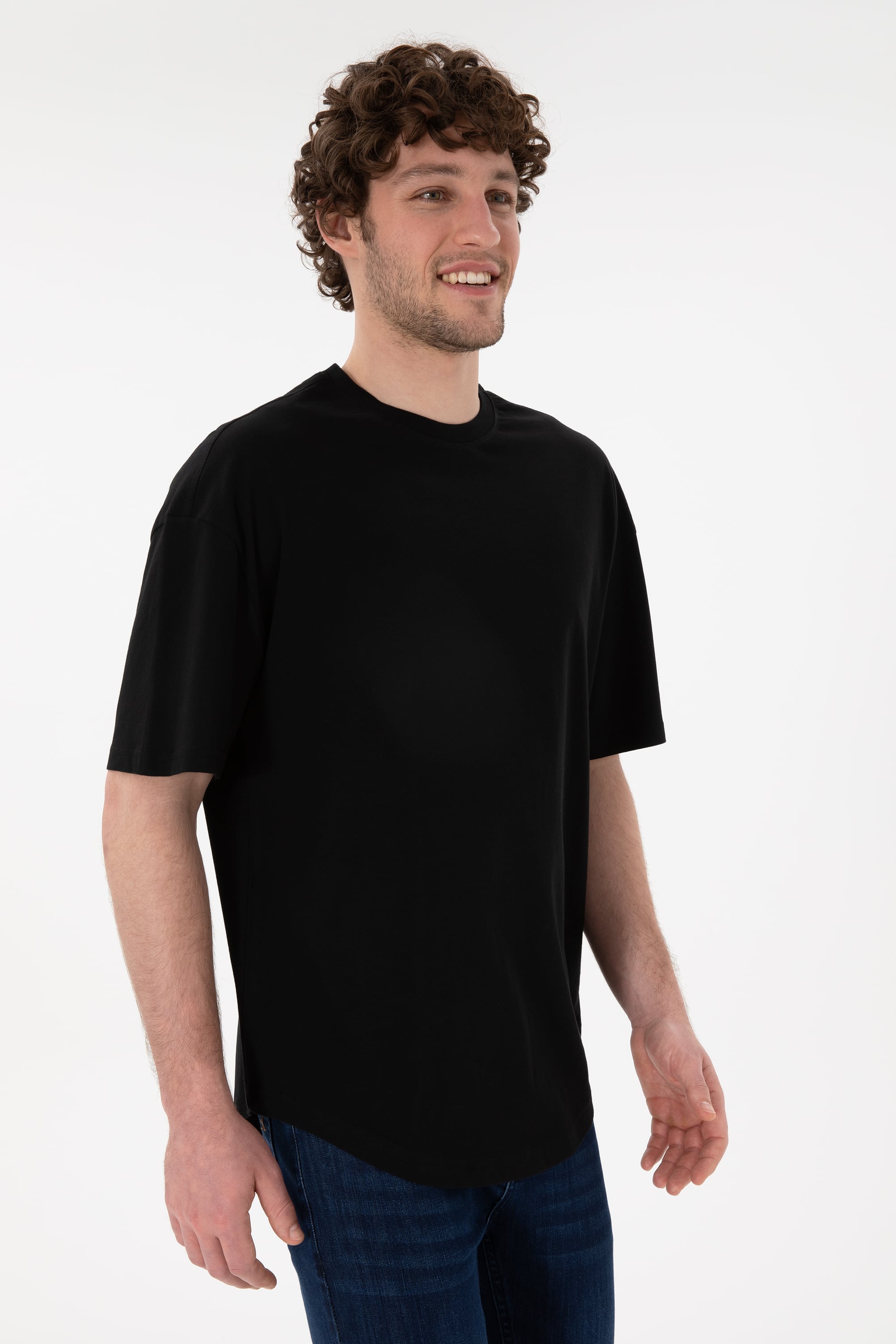 Erkek Long Fit Bisiklet Yaka Siyah Basic Tişört - Image 2