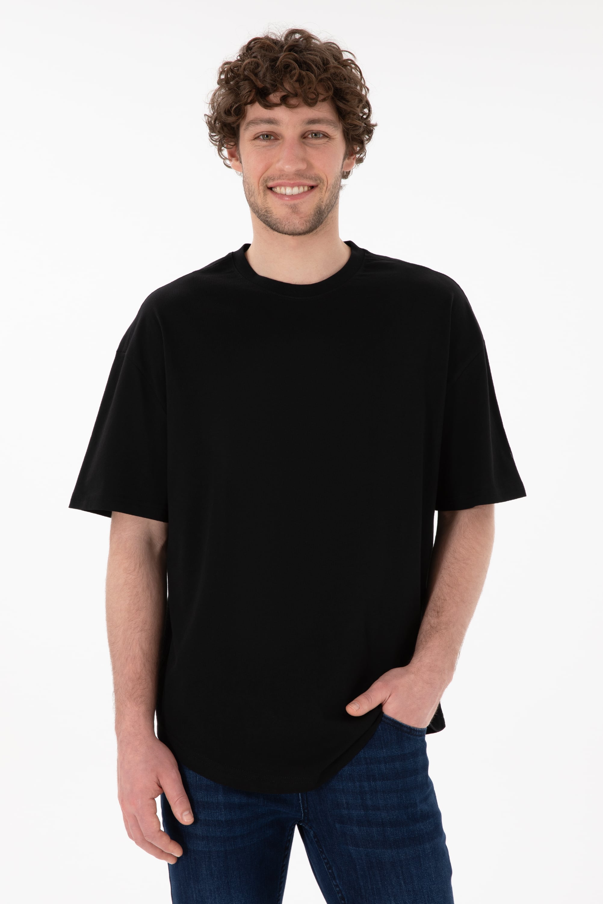 Erkek Long Fit Bisiklet Yaka Siyah Basic Tişört