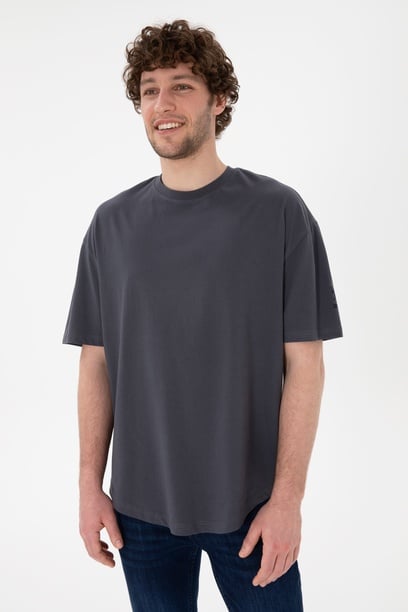 Erkek Long Fit Bisiklet Yaka Antrasit Basic Tişört