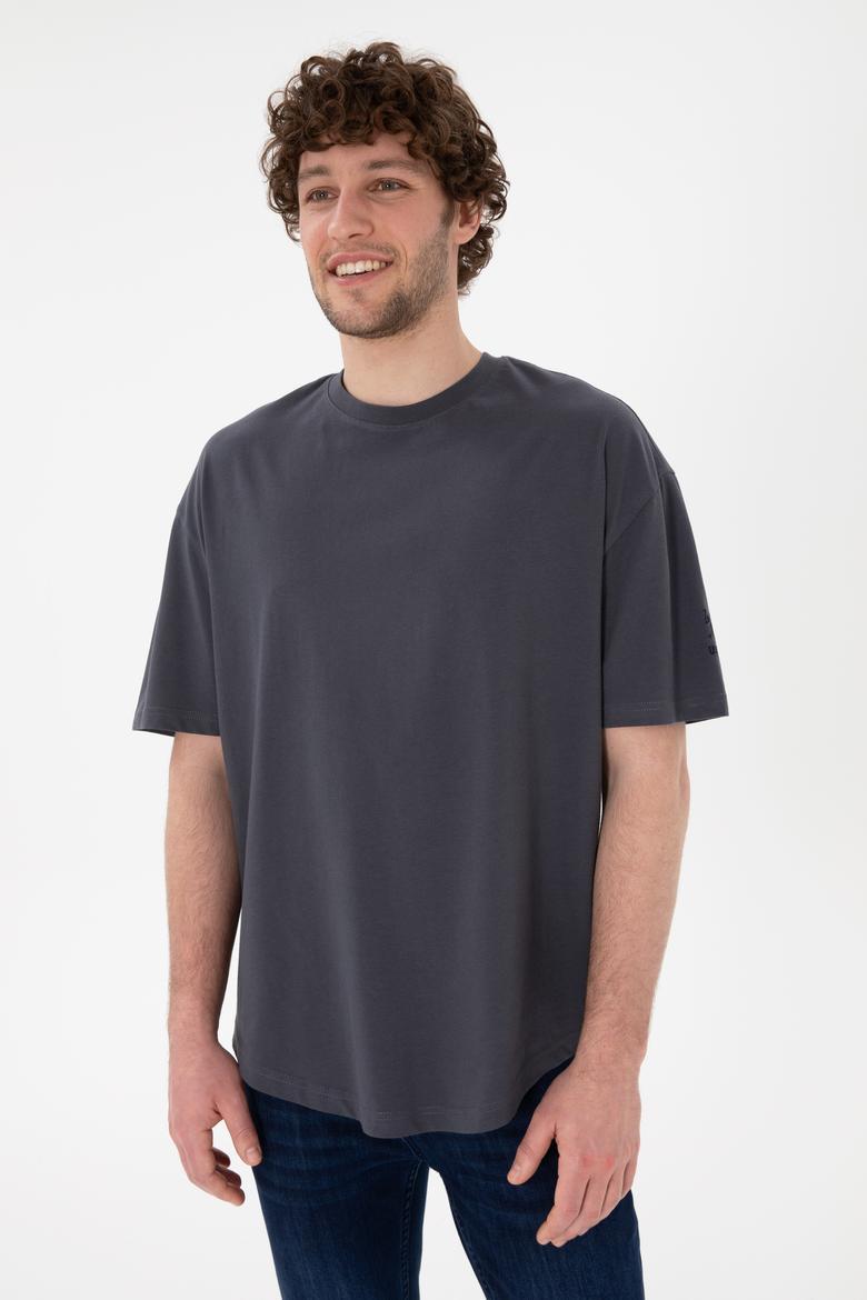 Erkek Long Fit Bisiklet Yaka Antrasit Basic Tişört - 50305988134