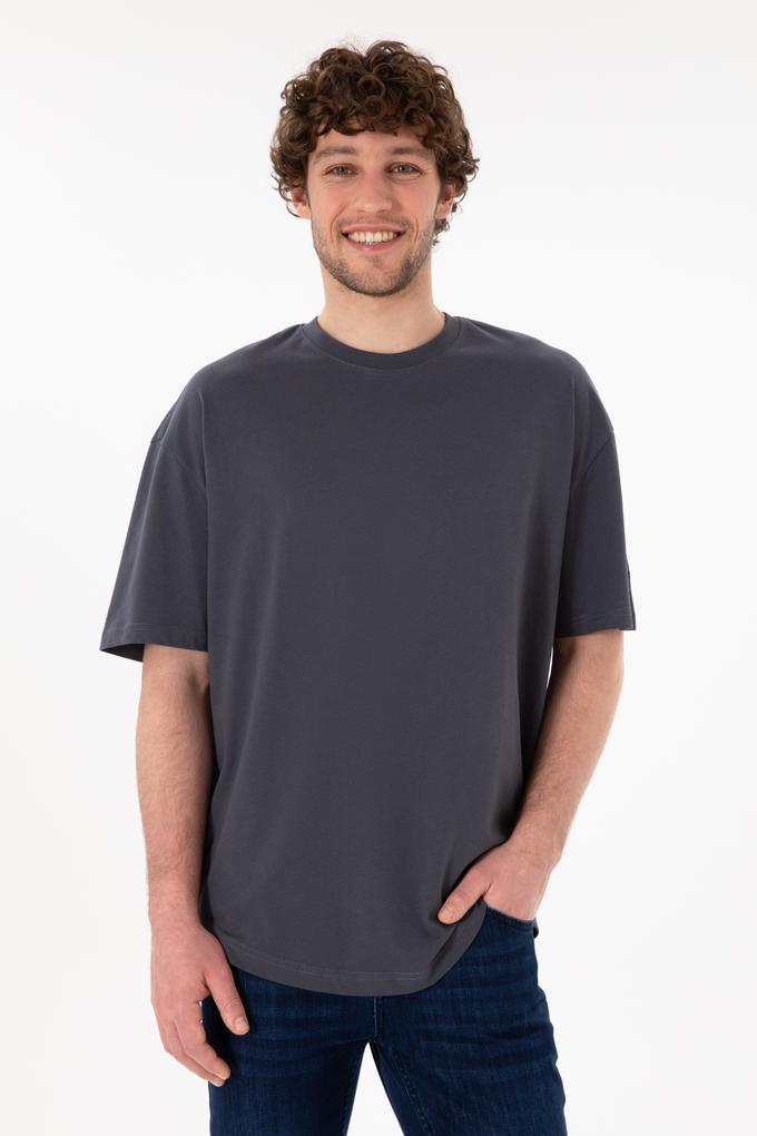Erkek Long Fit Bisiklet Yaka Antrasit Basic Tişört