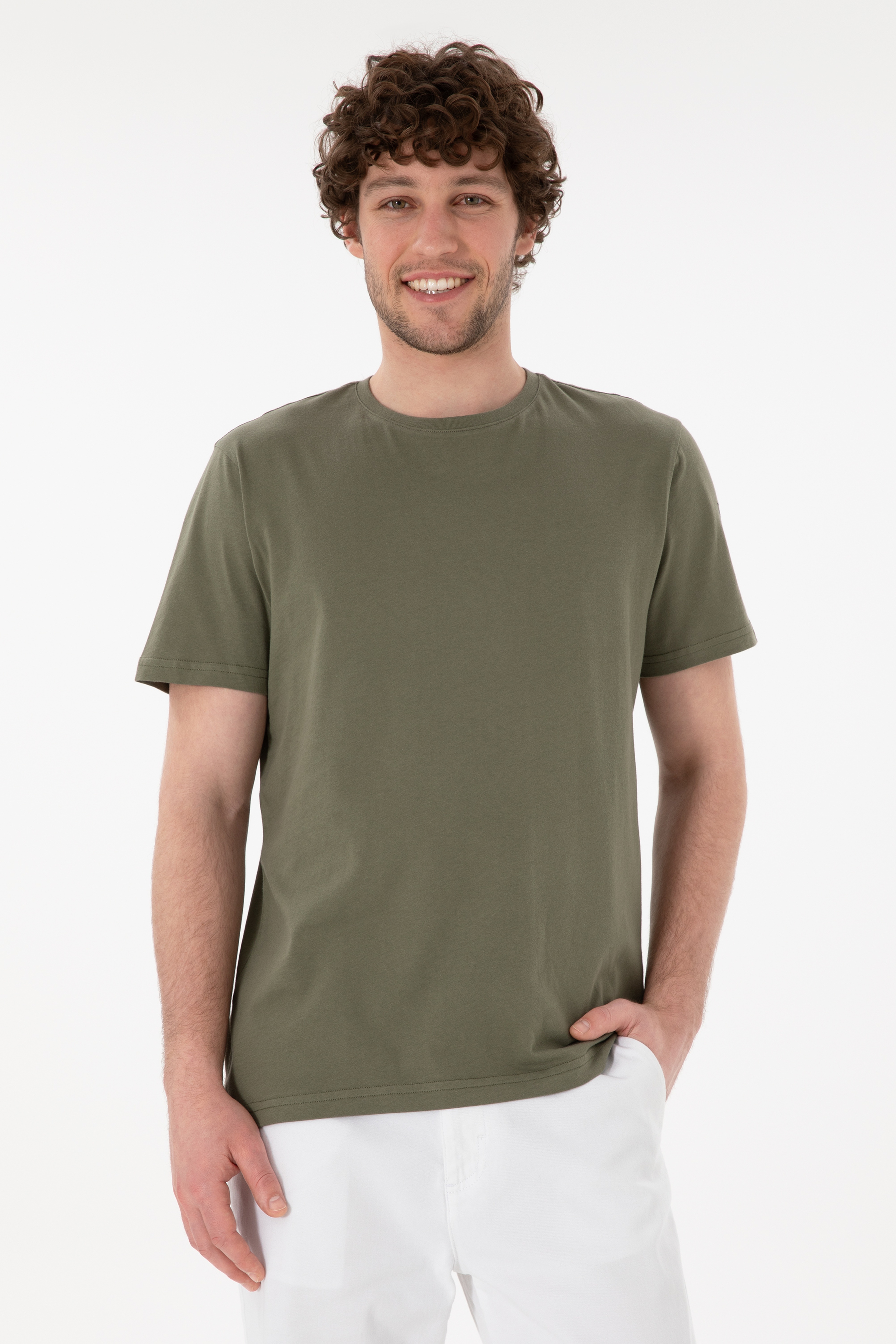 Erkek Regular Fit Bisiklet Yaka Koyu Haki Basic Tişört - Image 1