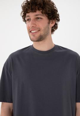 Erkek Long Fit Bisiklet Yaka Antrasit Basic Tişört - 50305988134