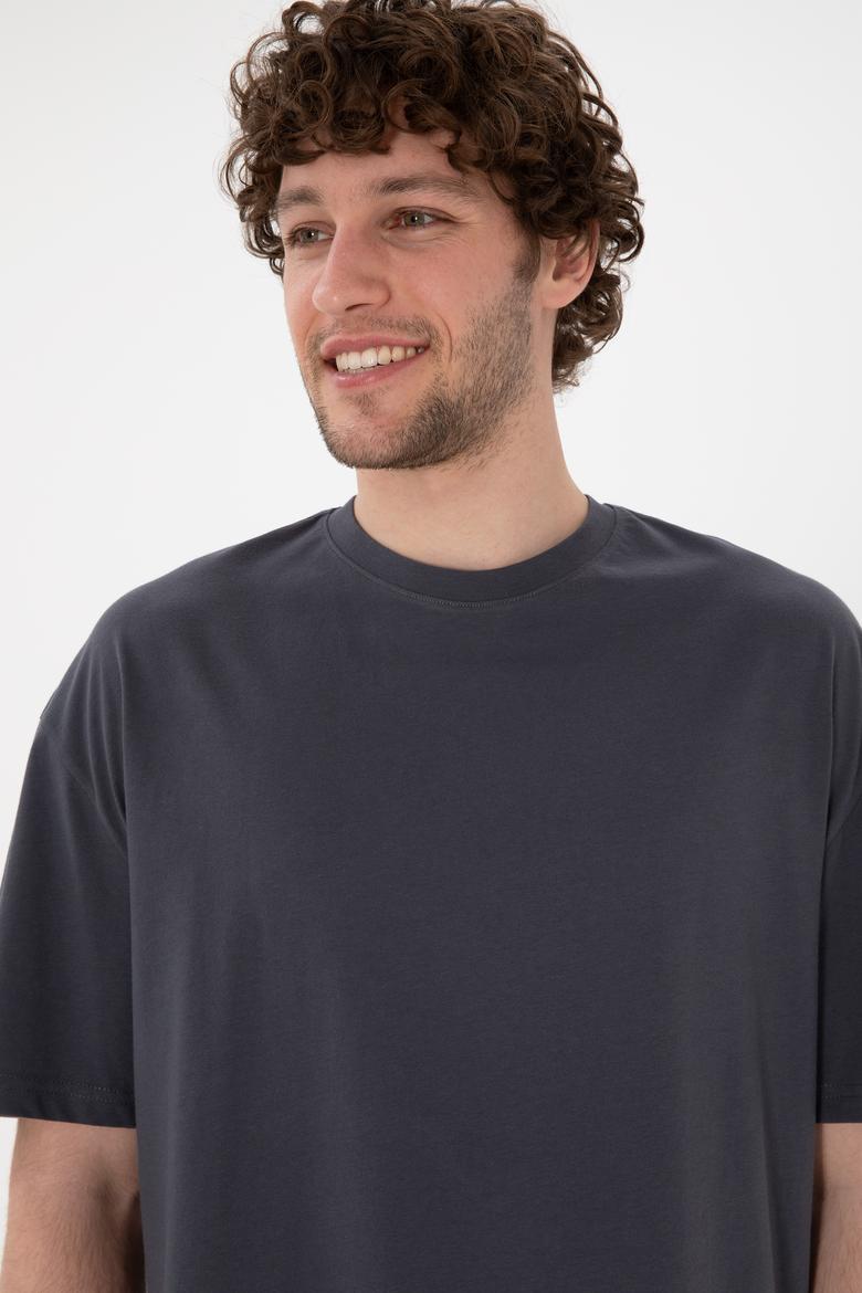 Erkek Long Fit Bisiklet Yaka Antrasit Basic Tişört - 50305988134