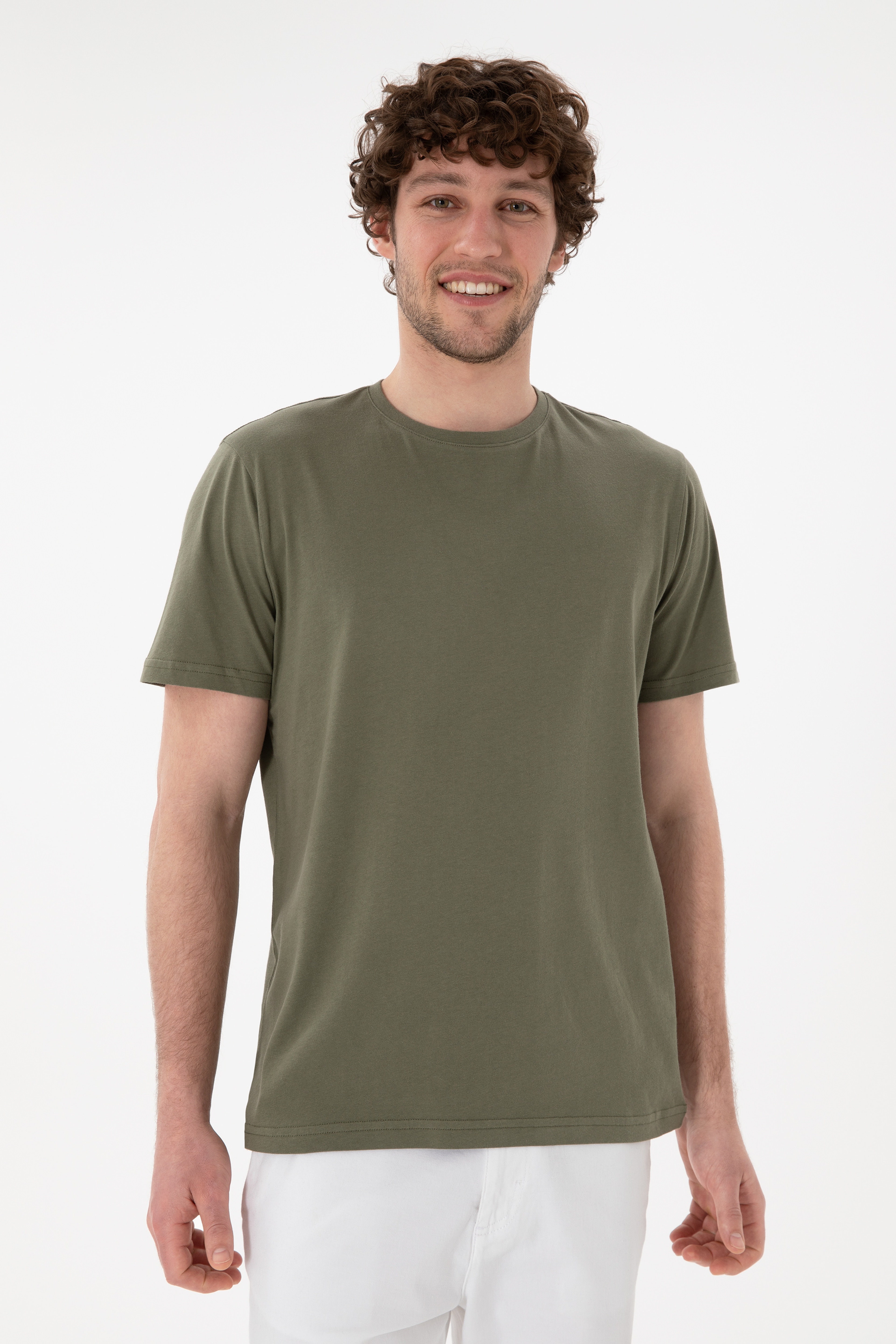 Erkek Regular Fit Bisiklet Yaka Koyu Haki Basic Tişört
